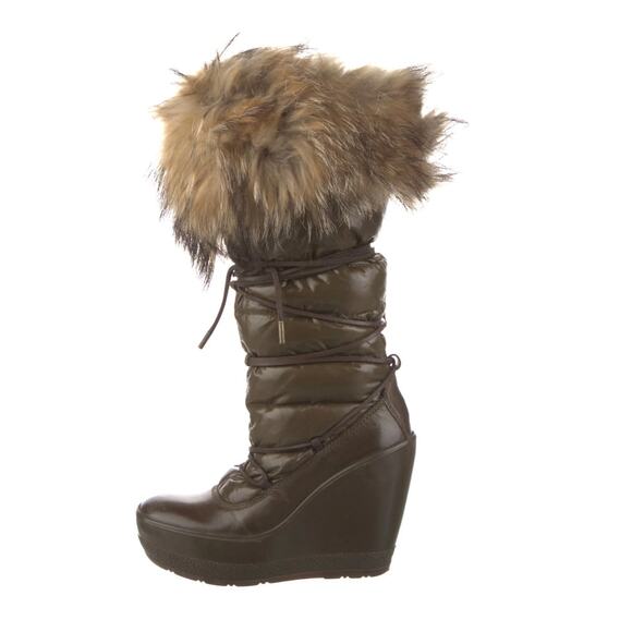Moncler Nylon Fur Trim Lace-Up Boots - size 6 | US6, IT36 - Mocha Brown - Picture 1 of 10